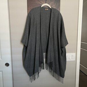 Pristine Condition Eileen Fisher Gray Lightweight Wool Poncho/Detailed Fringe